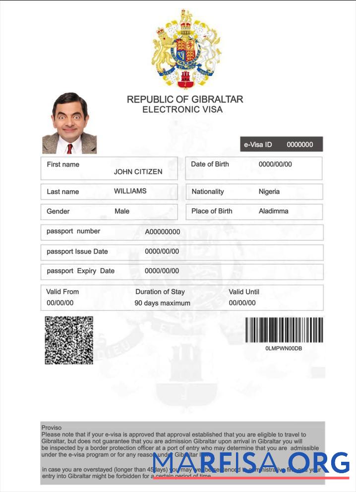 Realistic Gibraltar electronic visa real example